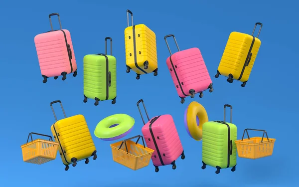 Colorful Suitcase Baggage Flying Blue Background Render Summer Vacation Concept — Stok fotoğraf