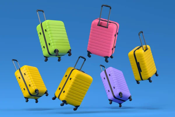 Colorful Suitcase Baggage Flying Blue Background Render Summer Vacation Concept — 스톡 사진