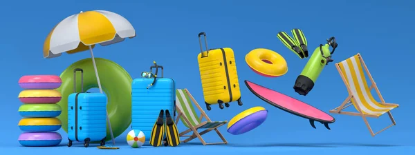 青を背景にビーチアクセサリー付きカラフルなスーツケースや手荷物 夏休みのコンセプトと休日の3Dレンダリング — ストック写真