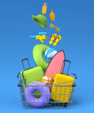 Colorful luggage with beach accessories and shopping basket flying on blue background. 3D render of summer vacation concept and holidays