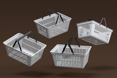 Set of flying metalwire shopping basket from supermarket on dark background. 3d render concept of online shopping and black friday sale
