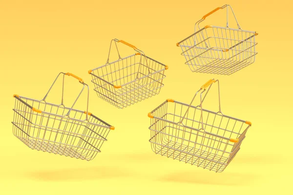 Set Flying Metalwire Shopping Basket Supermarket Dark Background Render Concept — Stock Photo, Image