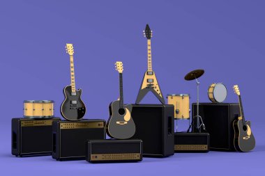 Elektrikli akustik gitarlar, amplifikatörler ve mor arka planda metal zilleri olan davullar. 3D müzik perküsyon enstrümanı, bateri makinesi ve heavy metal gitarlı bateri seti