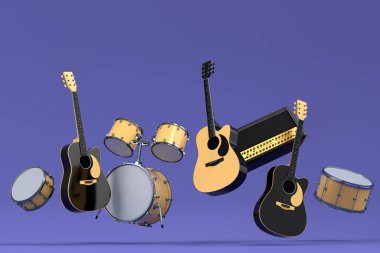 Elektrikli akustik gitar seti ve mor arka planda metal zilleri olan davullar. Rock festivali için üç boyutlu müzik enstrümanı, bateri ve heavy metal gitarın yorumcusu.