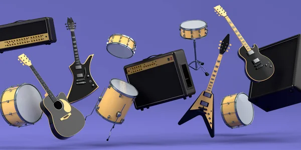 Conjunto Guitarras Acústicas Elétricas Amplificadores Tambores Com Címbalos Metálicos Sobre — Fotografia de Stock
