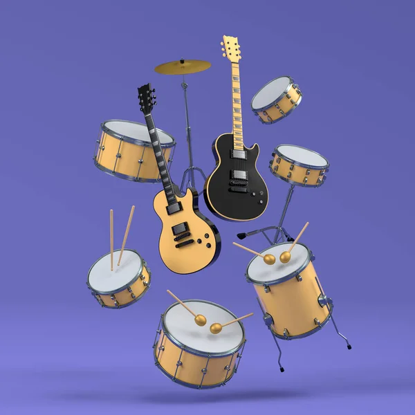 Set Electric Acoustic Guitars Drums Metal Cymbals Purple Background Render — Stock Photo, Image