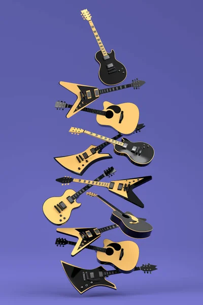 Sada Elektrických Akustických Kytar Izolovaných Fialovém Pozadí Vykreslení Konceptu Pro — Stock fotografie