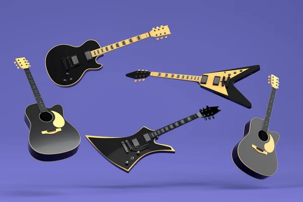 一套在紫色背景上隔离的电声吉他手 音乐商店用重金属吉他摇滚音乐节海报的3D渲染概念 — 图库照片