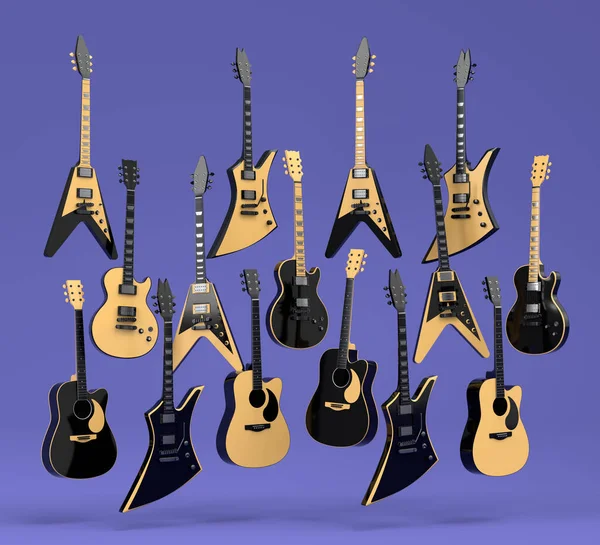 Conjunto Guitarras Acústicas Elétricas Isoladas Fundo Roxo Renderização Conceito Para — Fotografia de Stock