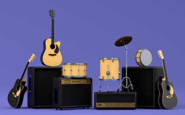 Elektrikli akustik gitarlar, amplifikatörler ve mor arka planda metal zilleri olan davullar. 3D müzik perküsyon enstrümanı, bateri makinesi ve heavy metal gitarlı bateri seti