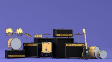 Elektrikli akustik gitarlar, amplifikatörler ve mor arka planda metal zilleri olan davullar. 3D müzik perküsyon enstrümanı, bateri makinesi ve heavy metal gitarlı bateri seti