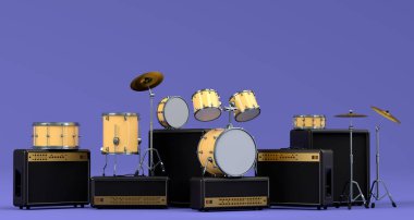 Elektrikli akustik gitarlar, amplifikatörler ve mor arka planda metal zilleri olan davullar. 3D müzik perküsyon enstrümanı, bateri makinesi ve heavy metal gitarlı bateri seti