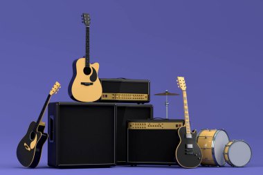 Elektrikli akustik gitarlar, amplifikatörler ve mor arka planda metal zilleri olan davullar. 3D müzik perküsyon enstrümanı, bateri makinesi ve heavy metal gitarlı bateri seti
