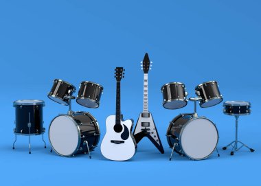 Elektrikli akustik gitar seti ve mavi arka planda metal zilleri olan davullar. Rock festivali için üç boyutlu müzik enstrümanı, bateri ve heavy metal gitarın yorumcusu.