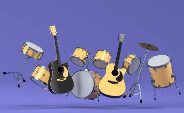 Elektrikli akustik gitar seti ve mor arka planda metal zilleri olan davullar. Rock festivali için üç boyutlu müzik enstrümanı, bateri ve heavy metal gitarın yorumcusu.