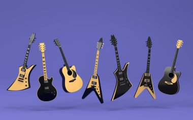 Mor arka planda izole edilmiş elektrikli akustik gitar seti. Müzik dükkanı için heavy metal gitarlı 3D rock festivali posteri.