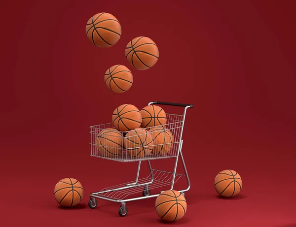 赤い背景にショッピングカートでバスケットボール アメリカンフットボール ゴルフのようなボールのセット チームゲームをプレイするためのスポーツアクセサリーの3Dレンダリング — ストック写真