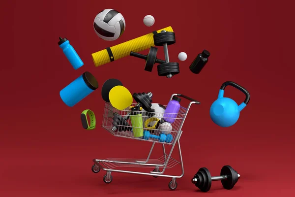 Spor Aletleri Spor Malzemeleri Alışveriş Arabasında Kırmızı Arka Planda Güç — Stok fotoğraf