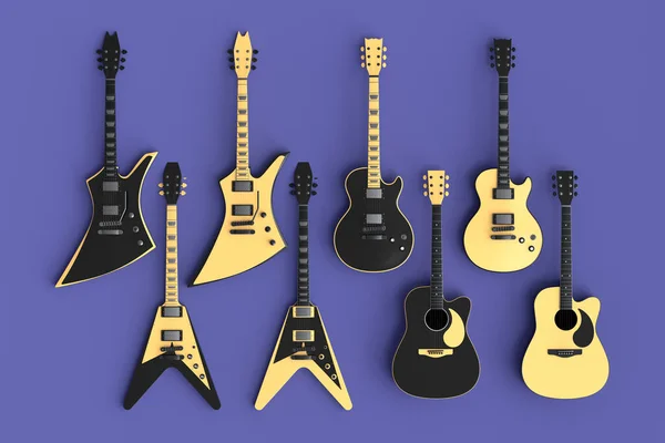 一套在紫色背景上隔离的电声吉他手 音乐商店用重金属吉他摇滚音乐节海报的3D渲染概念 — 图库照片