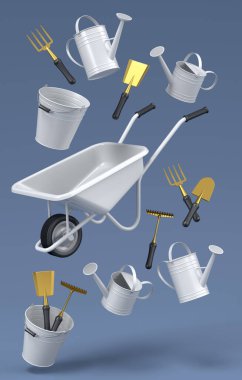 Bahçedeki el arabasında kürek, tırmık ve çatal gibi gri arka planda aletler var. 3D bahçe işleri ve tarım malzemeleri kavramı