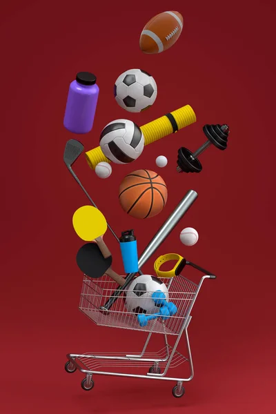 Sportovní Vybavení Pro Fitness Posilovna Nákupním Košíku Červeném Pozadí Vykreslení — Stock fotografie
