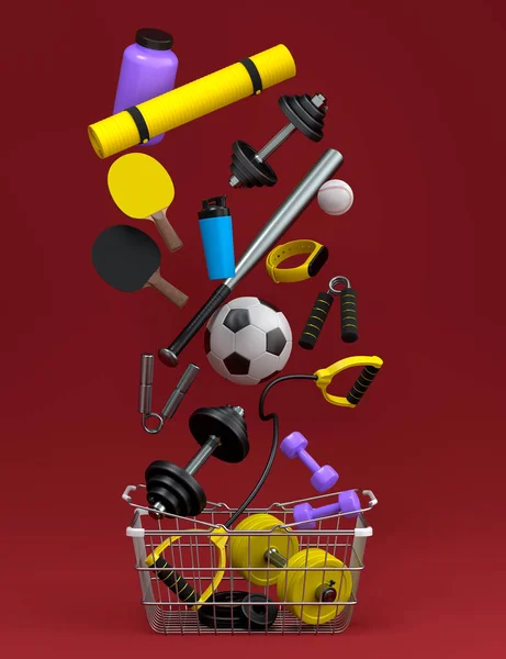 フィットネス用のスポーツ用具 赤い背景のショッピングバスケットのジム パワーリフティングとフィットネスコンセプトの3Dレンダリング — ストック写真
