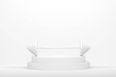 Silindir podyumda metal diskleri olan halterler ve tek renkli arka planda basamaklar. Takım oyunu için spor aksesuarları gibi 3D görüntüleme ürünü