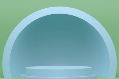 Mavi arka planda basamakları olan yeşil silindir podyum. Ürün gösterimi için soyut gerçekçi geometrik kaide veya platformun 3 boyutlu canlandırması. En küçük sahne.