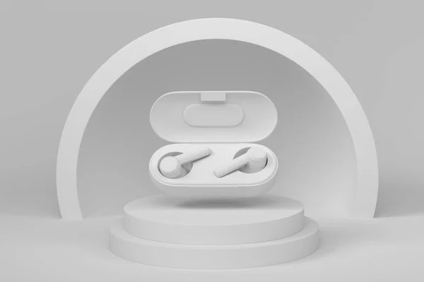 Realistyczne Słuchawki Gier Podium Cylindrów Krokami Monochromatycznym Tle Renderowanie Produktu — Zdjęcie stockowe