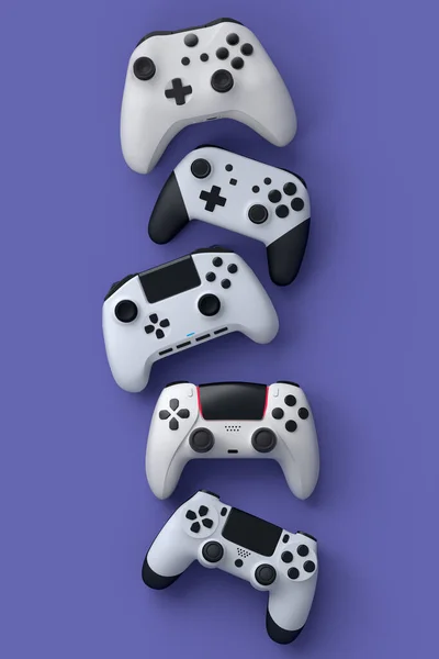 Set Fliegender Joysticks Oder Gamepads Auf Violettem Hintergrund Rendering Von — Stockfoto