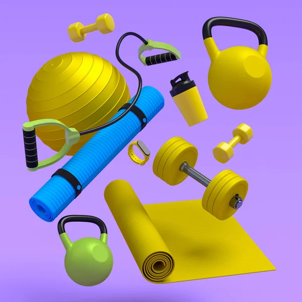 Vista Isometrica Attrezzature Sportive Come Tappetino Yoga Kettlebell Manubri Orologi — Foto Stock