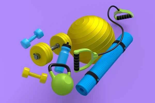 Isometric Melihat Peralatan Olahraga Seperti Tikar Yoga Kettlebell Dumbbell Dan — Stok Foto