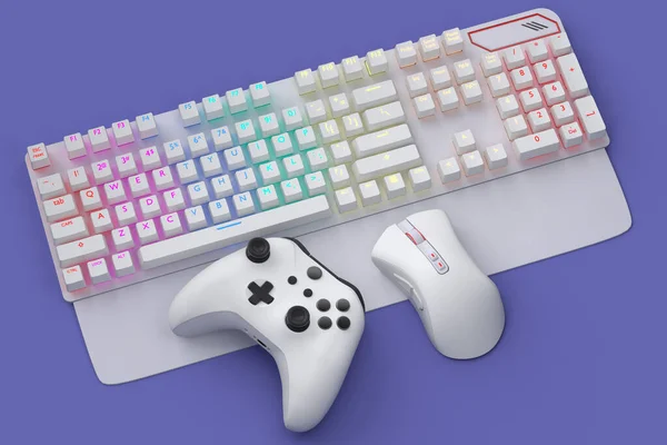 Top view gamer gears like mouse, keyboard, joystick, headphones and mouse on violet background. 3d render of accessories for live streaming concept