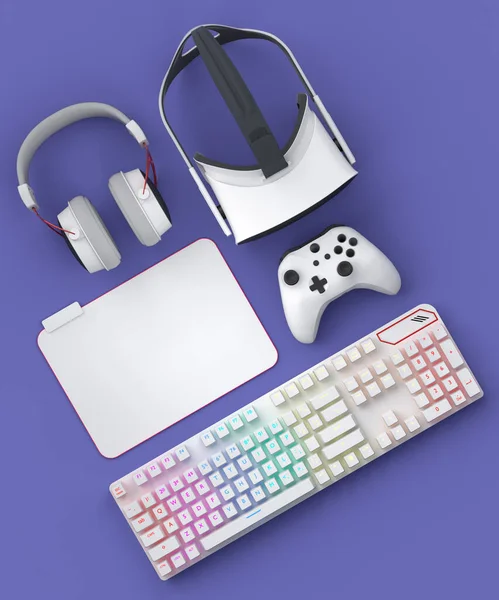紫色の背景にマウス キーボード ジョイスティック ヘッドフォンやVrメガネなどのゲーマーのギアを表示します ライブストリーミングコンセプトのためのアクセサリーの3Dレンダリング — ストック写真