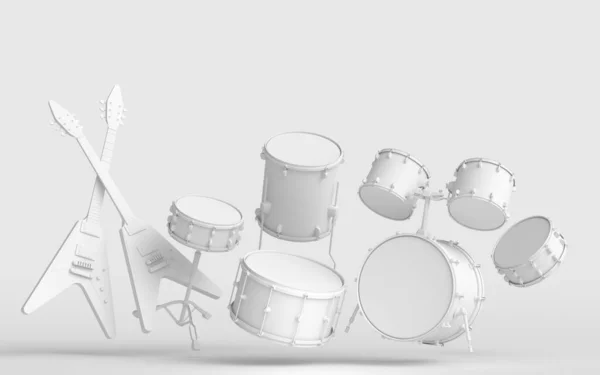 Set Electric Acoustic Guitars Drums Metal Cymbals Monochrome Background Render — Stock Photo, Image