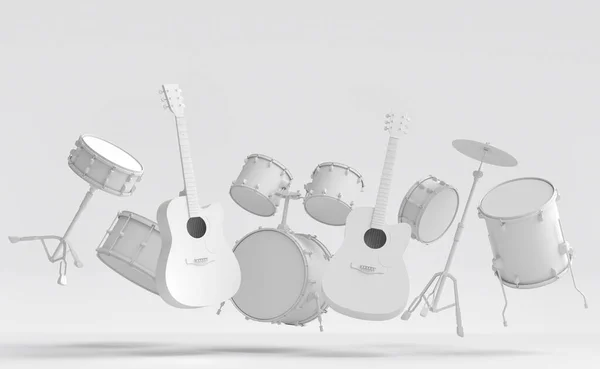 Conjunto Guitarras Acústicas Eléctricas Tambores Con Platillos Metal Sobre Fondo —  Fotos de Stock