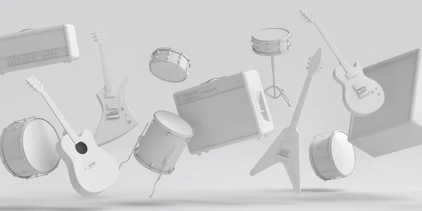 Zestaw Elektrycznych Gitar Akustycznych Wzmacniaczy Bębnów Metalowymi Talerzami Monochromatycznym Tle — Zdjęcie stockowe