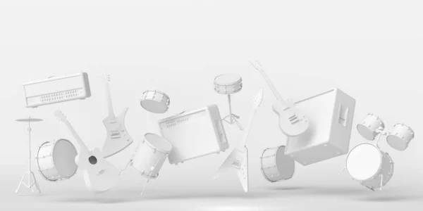 Комплект Электроакустических Гитар Барабанов Металлическими Тарелками Монохромном Фоне Визуализация Ударных — стоковое фото