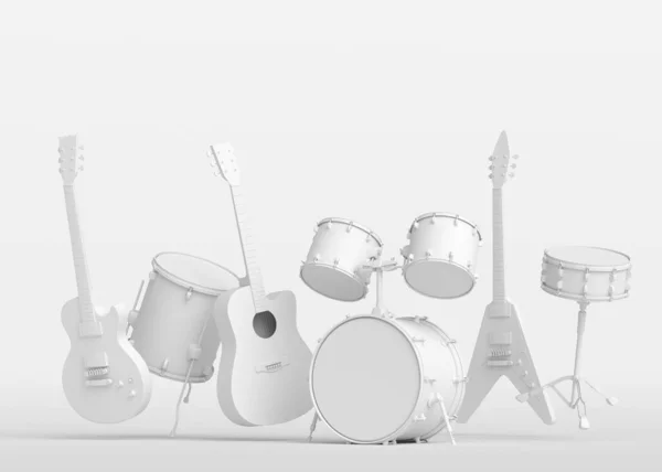 Conjunto Guitarras Acústicas Elétricas Tambores Com Címbalos Metálicos Sobre Fundo — Fotografia de Stock
