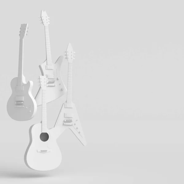 一套在单色背景上隔离的电声吉他手 音乐商店用重金属吉他摇滚音乐节海报的3D渲染概念 — 图库照片