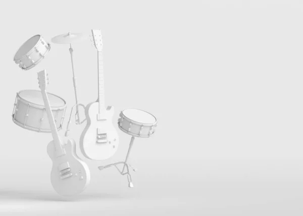 モノクロームを基調としたメタルシンバルのエレキアコースティックギターとドラムのセット ロックフェスティバルポスター用の重金属ギター付き打楽器 ドラムマシン ドラムセットの3Dレンダリング — ストック写真