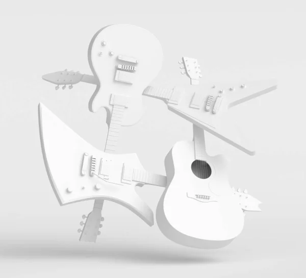 一套在单色背景上隔离的电声吉他手 音乐商店用重金属吉他摇滚音乐节海报的3D渲染概念 — 图库照片