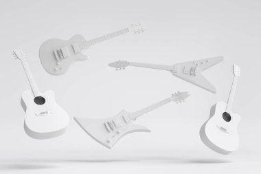 Tek renkli arka planda izole edilmiş elektrikli akustik gitar seti. Müzik dükkanı için heavy metal gitarlı 3D rock festivali posteri.