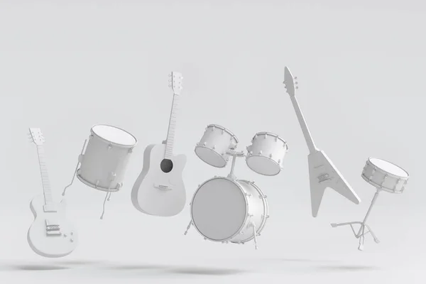 Set Electric Acoustic Guitars Drums Metal Cymbals Monochrome Background Render — Stock Photo, Image