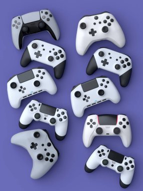 Mor arkaplanlı oyun çubukları ya da oyun kağıtları seti. Canlı yayın konsepti üst görünümü için 3d aksesuar hazırlama