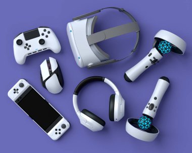 Mor arka planda fare, joystick, kulaklık ve VR gözlük gibi üst düzey oyuncu vitesleri. Canlı yayın konsepti için 3D aksesuar hazırlama