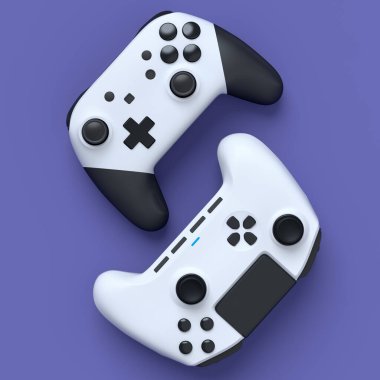 Mor arkaplanlı oyun çubukları ya da oyun kağıtları seti. Canlı yayın konsepti üst görünümü için 3d aksesuar hazırlama