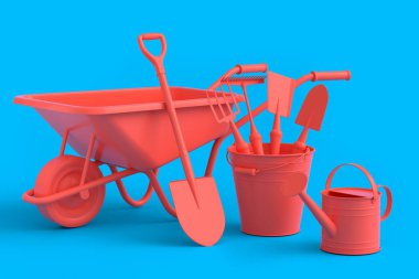Tek renkli arka planda kürek, tırmık ve çatal gibi bahçe aletleri olan el arabası. 3D bahçe işleri ve tarım malzemeleri kavramı