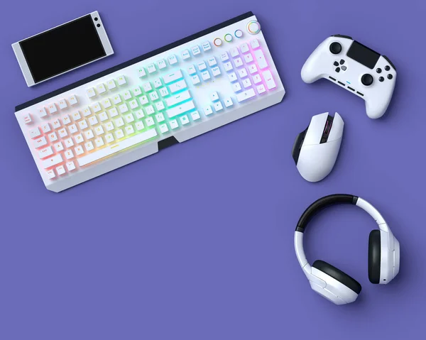 紫色の背景にマウス キーボード ジョイスティック ヘッドフォンやマウスなどのゲーマーのギアを表示します ライブストリーミングコンセプトのためのアクセサリーの3Dレンダリング — ストック写真