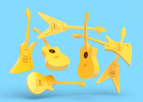 Set Electric Acoustic Guitars Isolated Blue Background Render Concept Rock — Stock Photo, Image